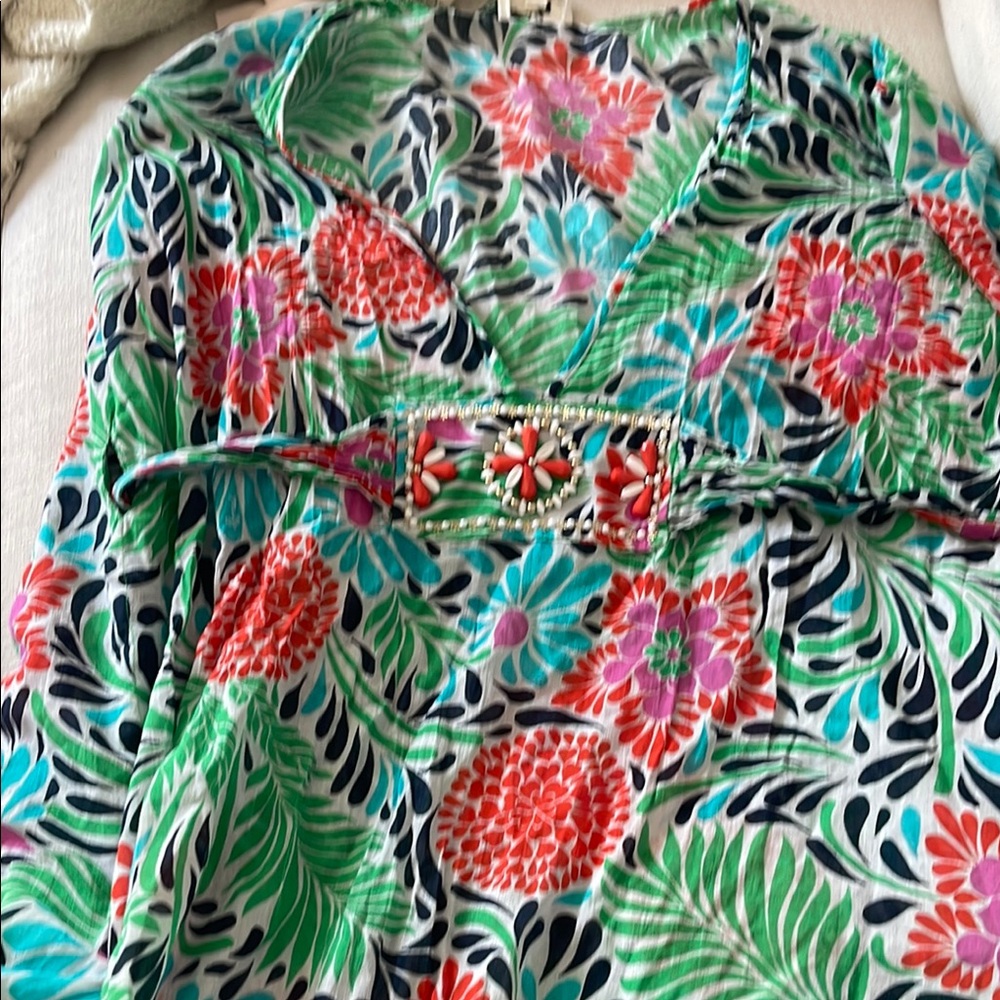 Molly floral caftan Floral V-Neck Dress with Beaded Waist